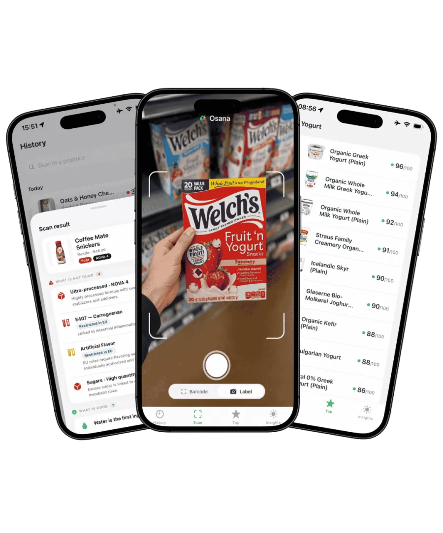 Osana food scanner app displaying a product health score